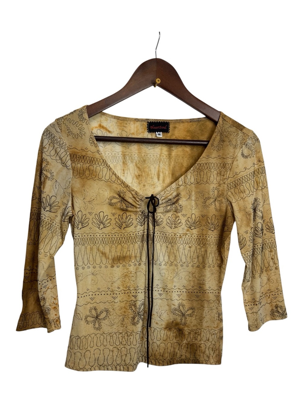 HeartSoul Tan Patterned Tie-Front Boho V-Neck Blouse Vintage Y2K